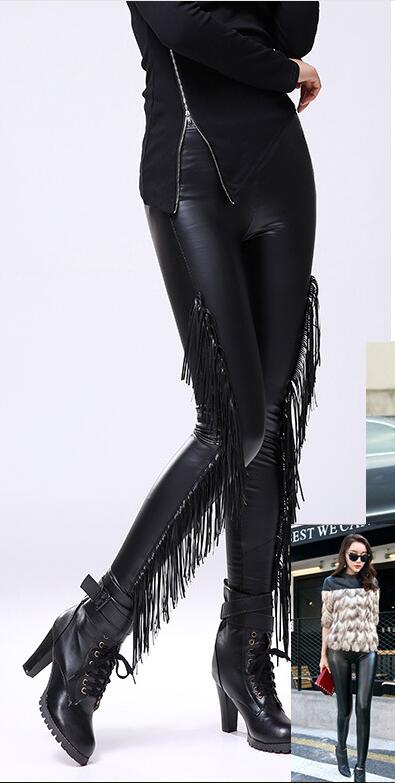 F8477 2016 women leggings fashion girl tassel leather leggings sexy punk pants